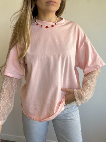 T-SHIRT MANCHES EN DENTELLE ROSE